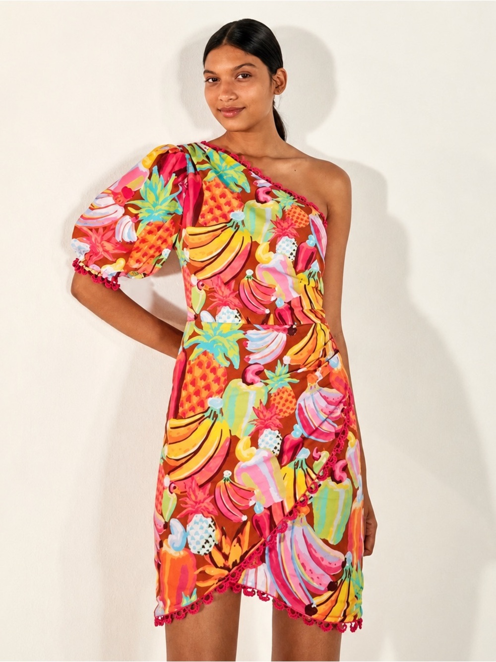 Farm Rio Fruit Salad One-Shoulder Tropical Dress